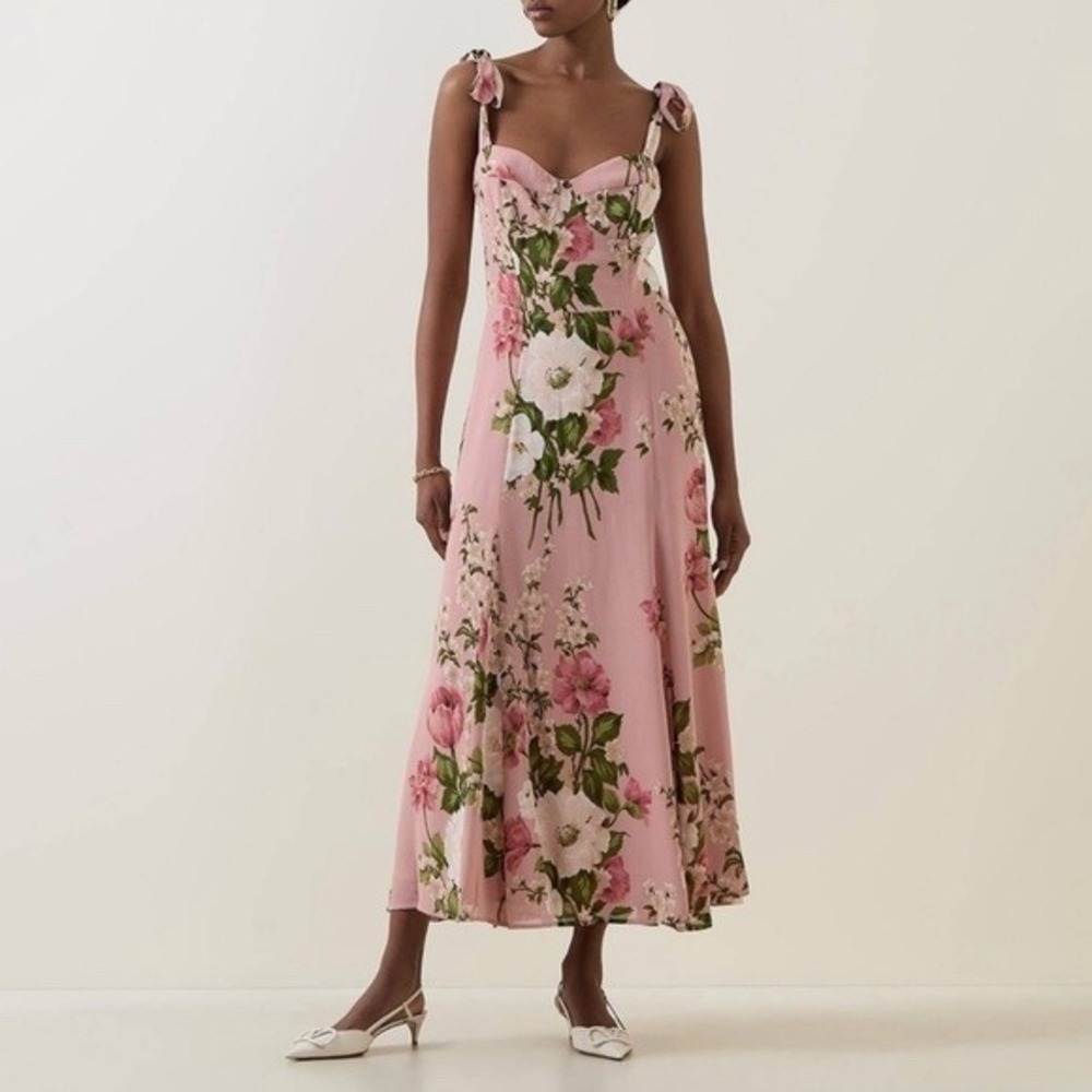 Reformation Nadira Dress 4 Pink Floral Midi Tie Strap Sweetheart Smocked Back